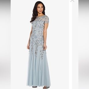 ADRIANNA PAPELL LONG FLORAL BEADED GOWN WITH FLUTTER SLEEVES IN BLUE HEATHER